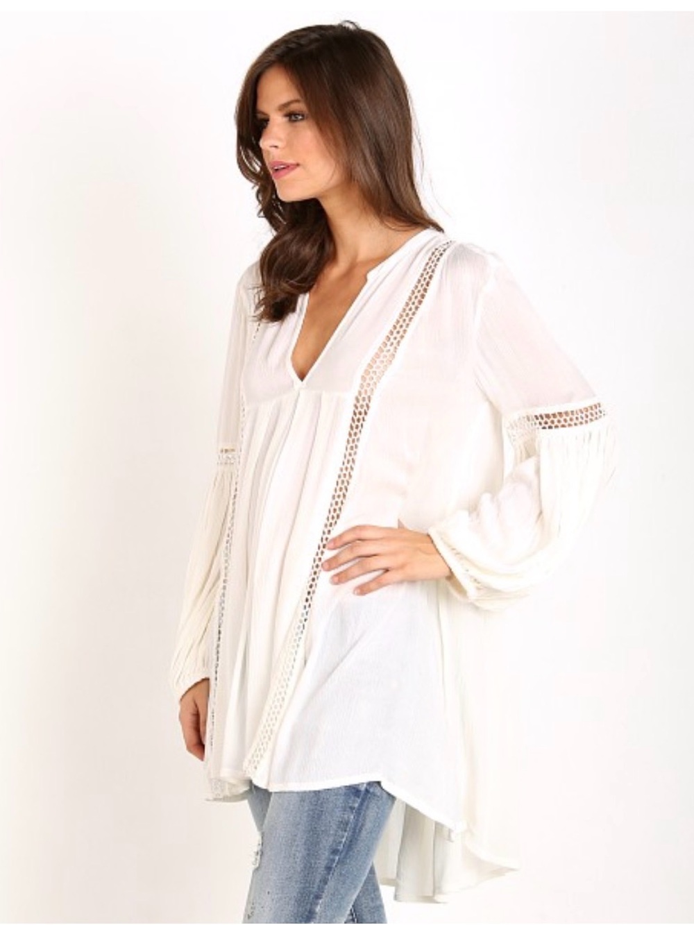 Free People Cream Crochet-Trim Boho Tunic
